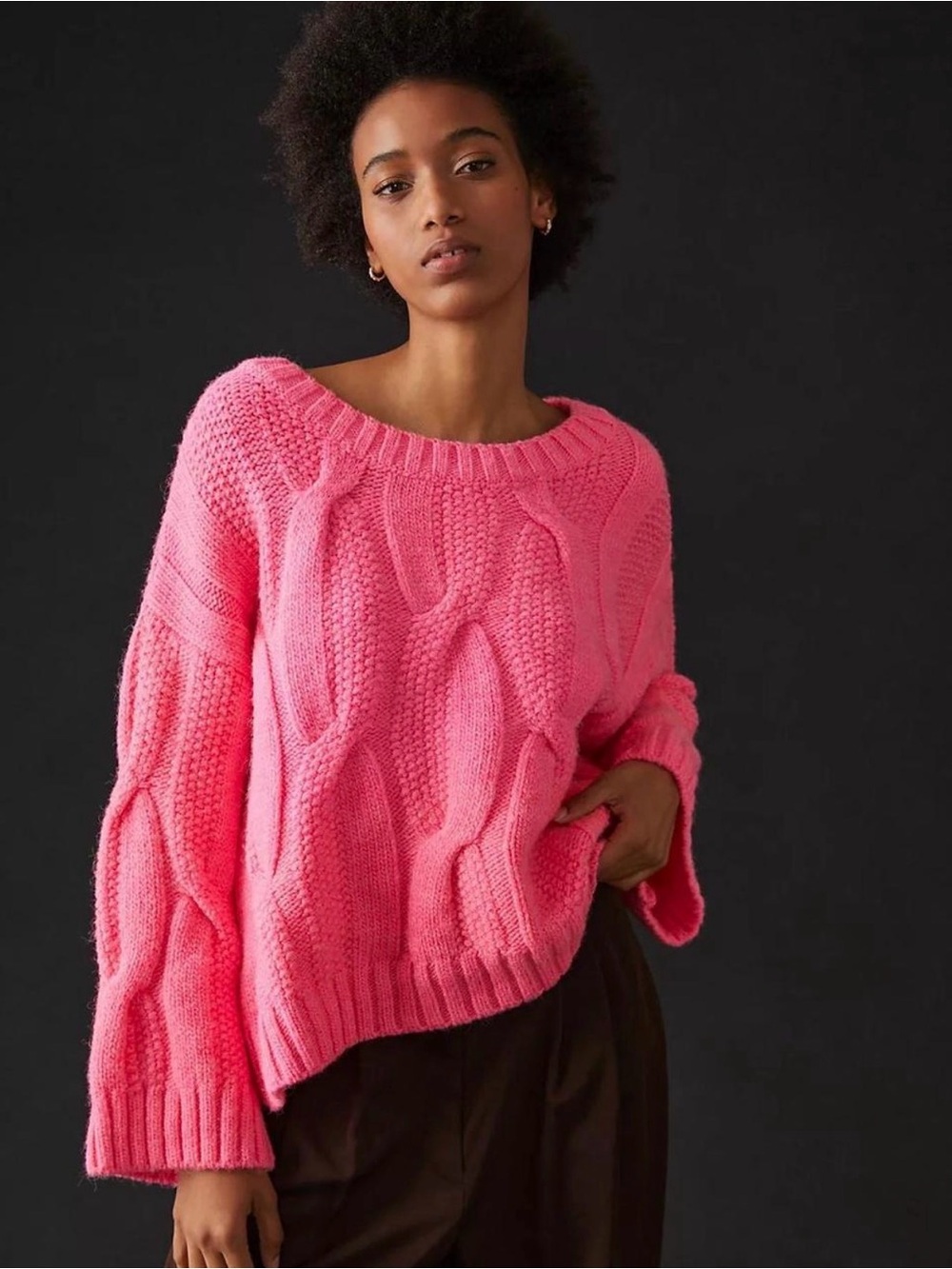 Anthropologie Off-the-Shoulder Cable Knit Sweater - Hot Pink